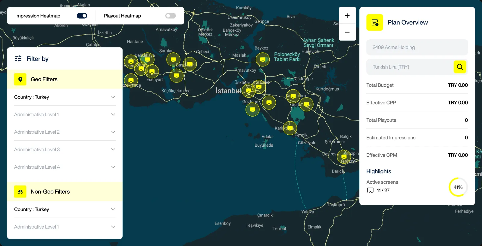 Map of Awarion's DOOH advertising inventory across Istanbul region