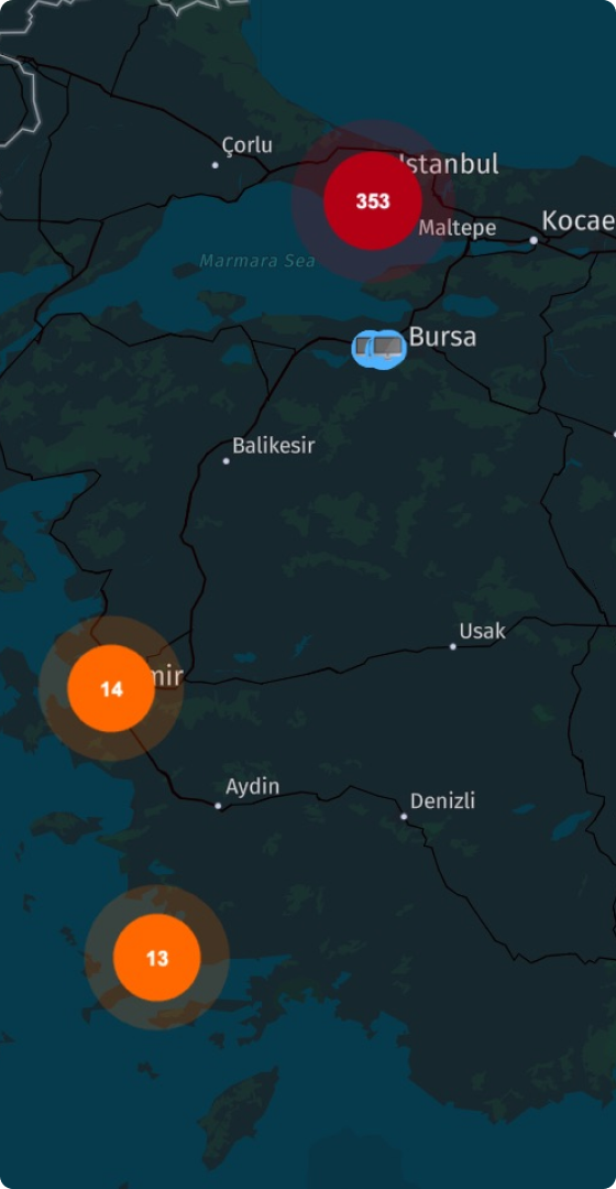 Map of Turkey showing Awarion's DOOH network: 353 screens in Istanbul, 23 in Ankara, 14 in Izmir, 13 in Antalya