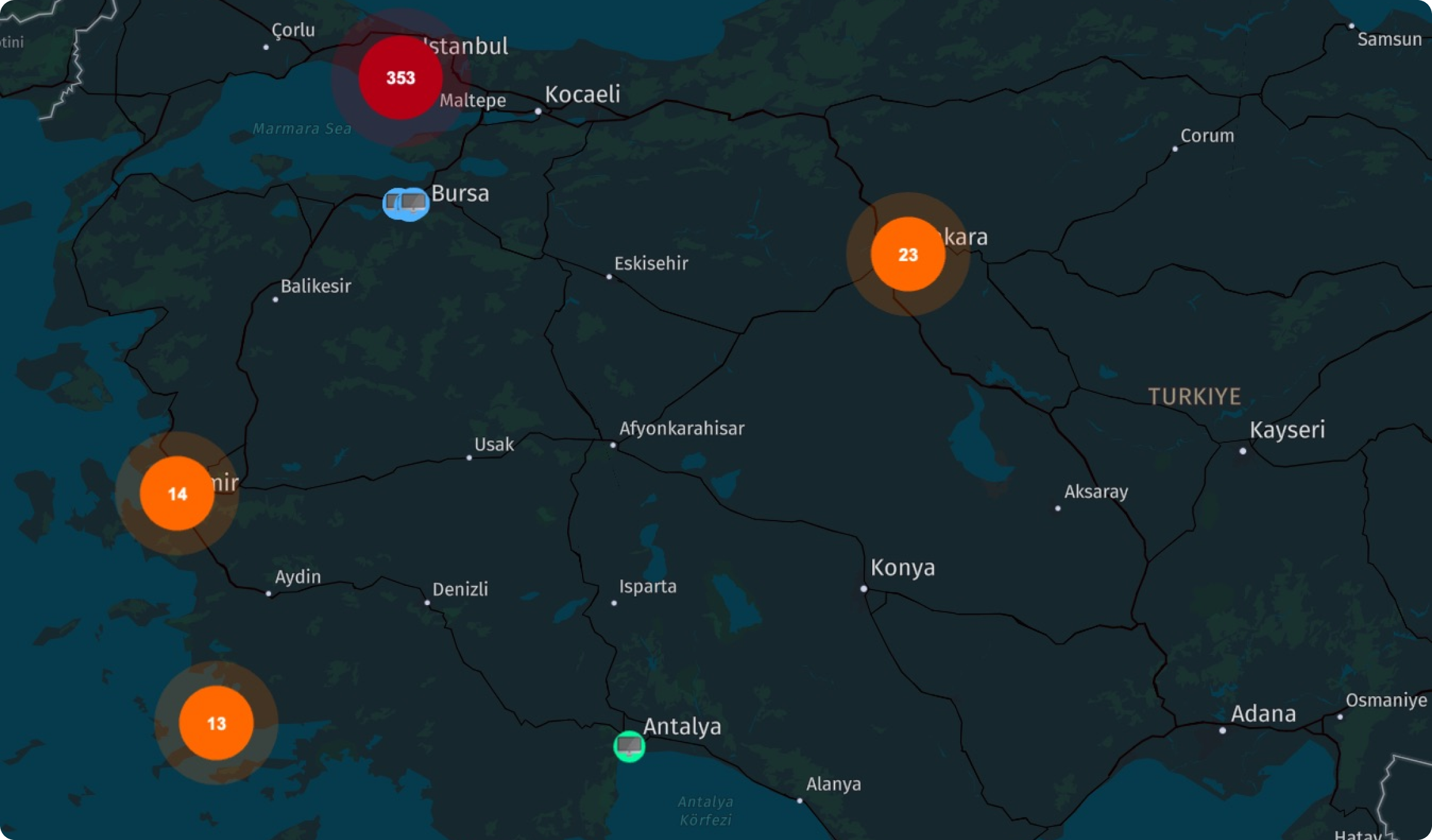 Map of Turkey showing Awarion's DOOH network: 353 screens in Istanbul, 23 in Ankara, 14 in Izmir, 13 in Antalya